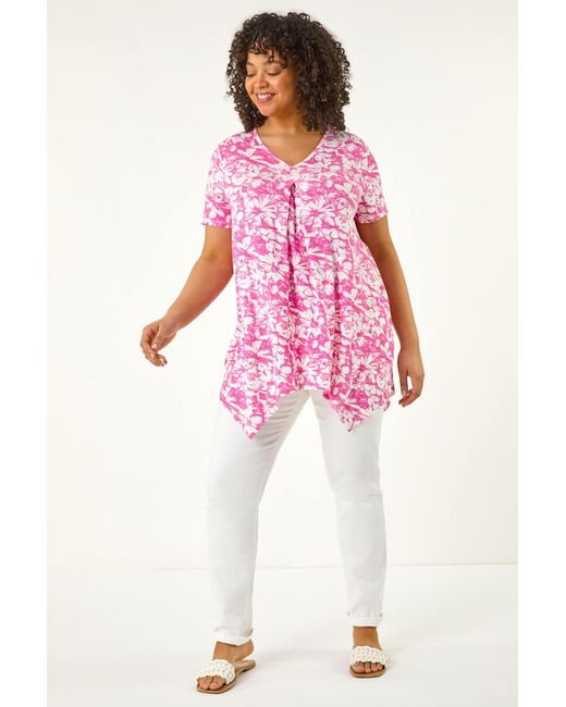 Roman Curve Pink Hanky Hem Floral Tunic Top