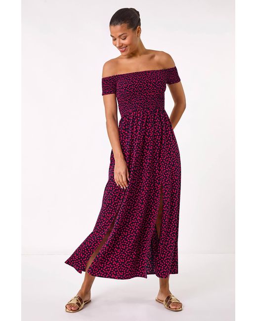 Roman Purple Spot Print Shirred Bardot Maxi Dress