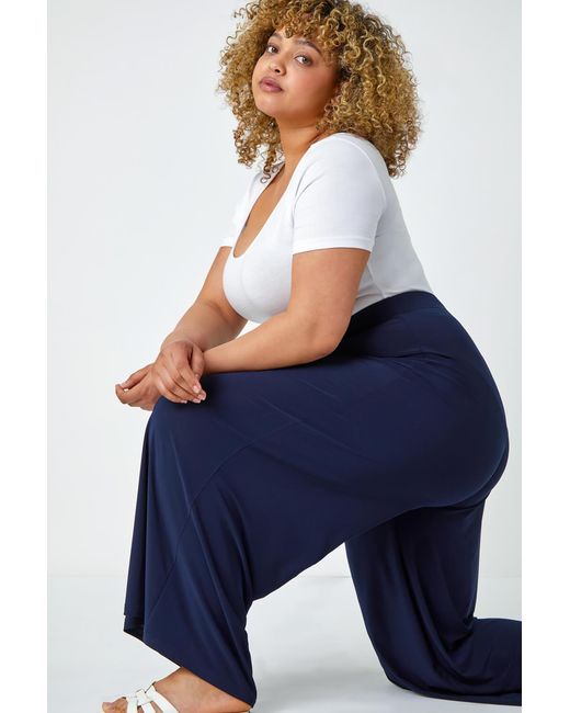 Roman Curve Blue Elastic Waist Wide Leg Trousers