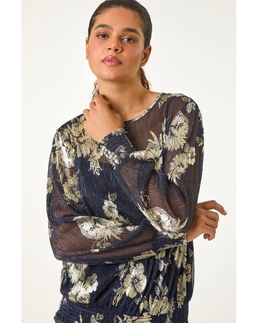 Roman Black Foil Floral Print Plisse Shirred Top