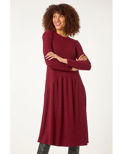 Roman Red Ribbed Drop Waist Stretch Midi Dress