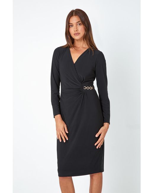 Roman Black Chain Detail Wrap Stretch Midi Dress