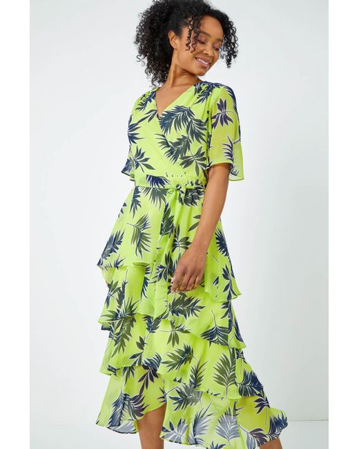 Roman Green Originals Petite Tropical Chiffon Tiered Midi Dress