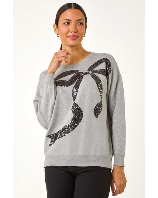 Roman Gray Bow Sequin Detail Knit Jumper