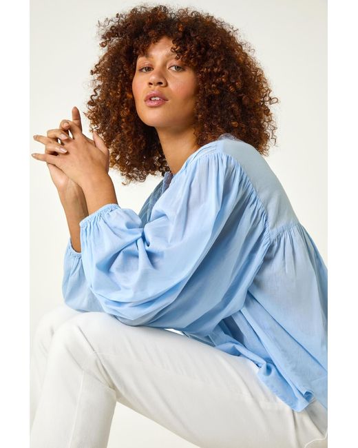 Roman Blue Pleat Detail Button Through Blouse