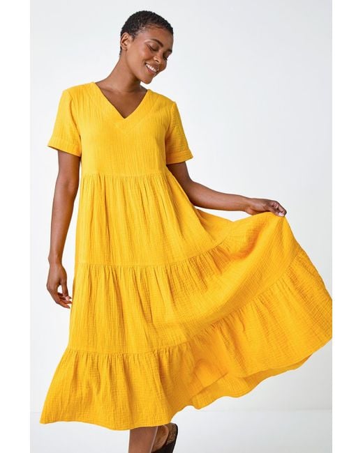 Roman Yellow Cotton Textured Tiered Midi Dress