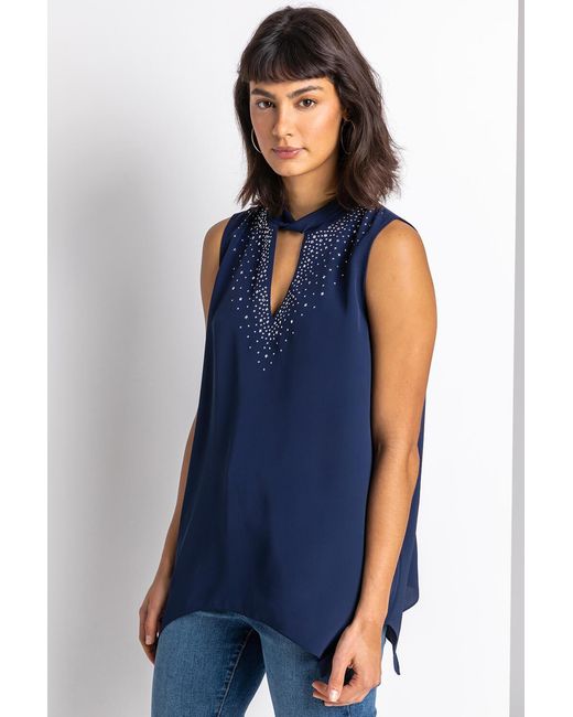 Roman Blue Sparkle High Neck Keyhole Top