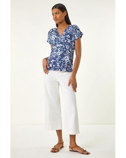 Roman Blue Floral Notch Neck T-Shirt