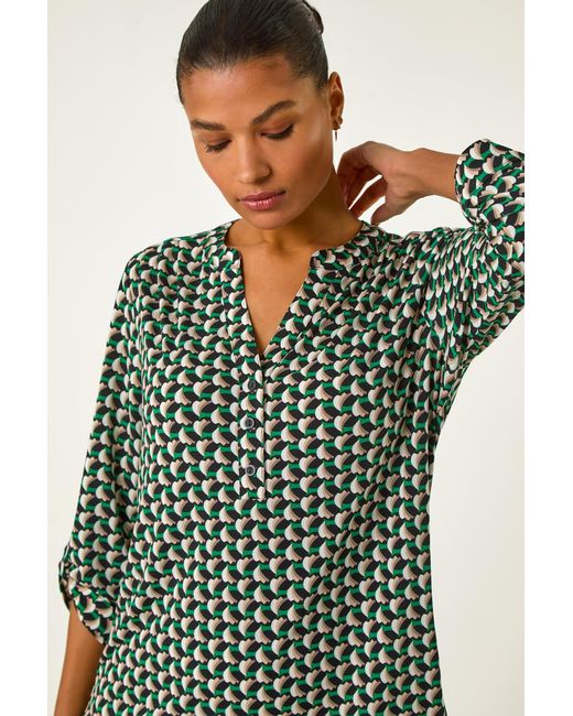 Roman Green Abstract Print V-Neck Button Stretch Shirt