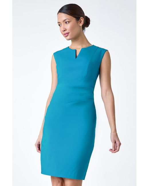 Roman Blue Sleeveless Stretch Ruched Bodycon Dress