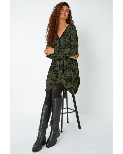 Roman Green Floral Contrast Trim Stretch Dress