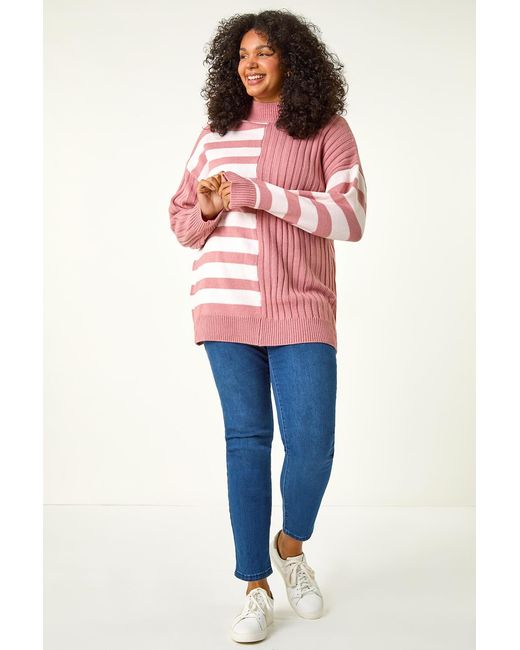 Roman Curve Pink Contrast Stripe High Neck Jumper