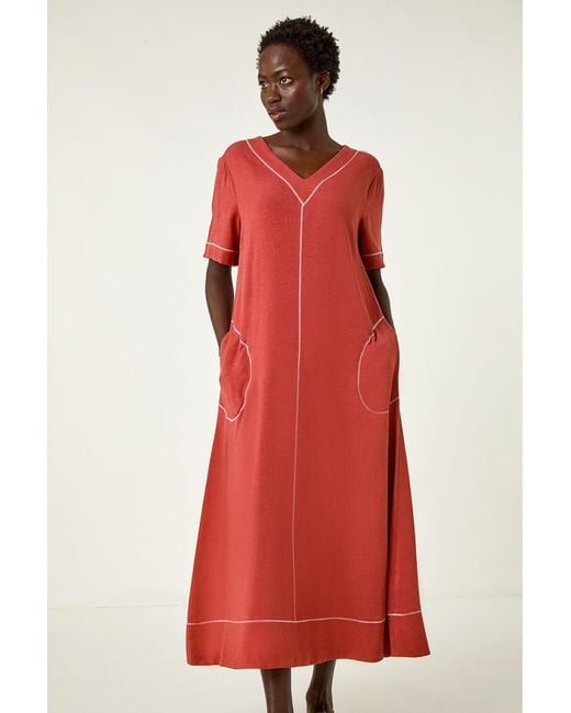 Roman Red Contrast Stitch Woven Dress