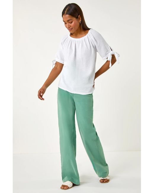Roman White Cotton Blend Tie Detail Bardot Top