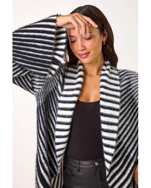 Roman Black Shawl Fluffy Striped Knit Cardigan