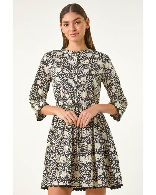 Roman Black Floral Frill Buttoned Smock Dress