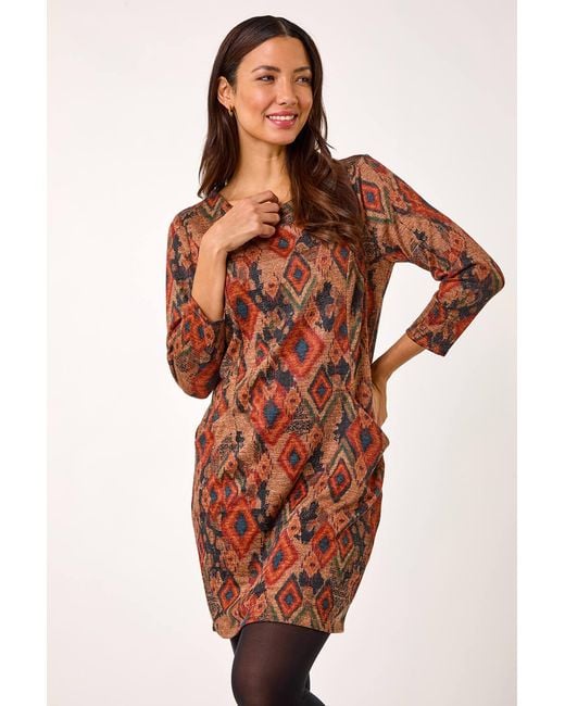Roman Natural Aztec Print Pocket Shift Stretch Dress