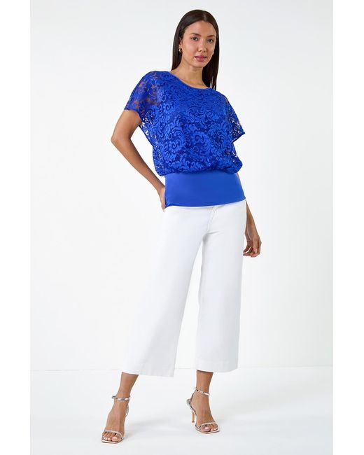 Roman Blue Lace Stretch Bubble Hem Top