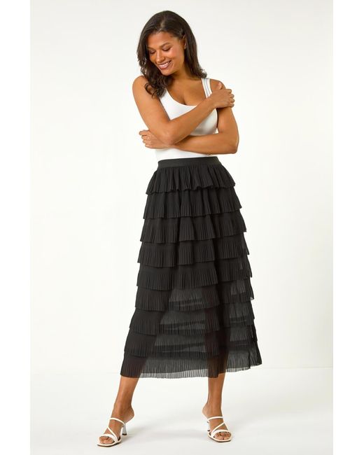Roman Black Pleat Detail Layered Frill Midi Skirt