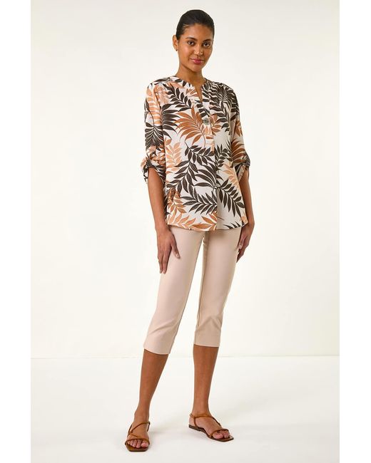 Roman Brown Leaf Print V-Neck Stretch Shirt