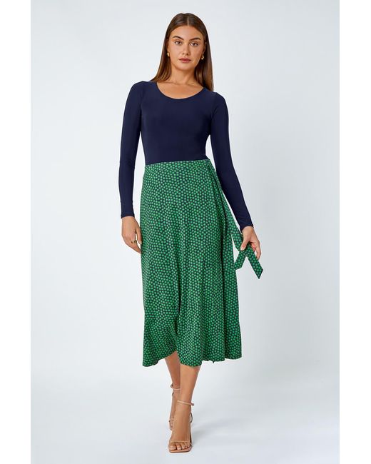 Roman Blue Cotton Blend Spot Print Midi Wrap Skirt
