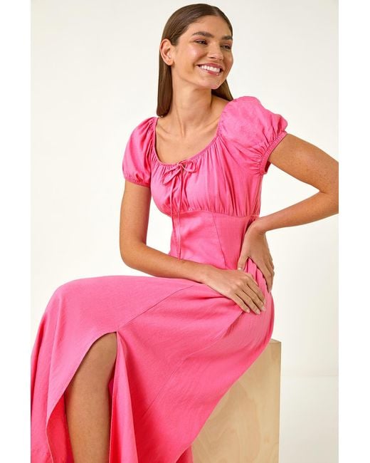 Roman Pink Puff Sleeve Linen Mix Midi Dress