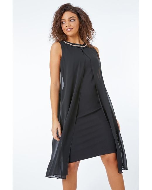 Roman Petite Black Embellished Neck Chiffon Dress