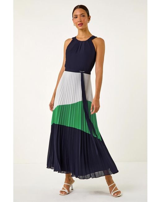 Roman Blue Colourblock Pleat Halter Neck Maxi Dress