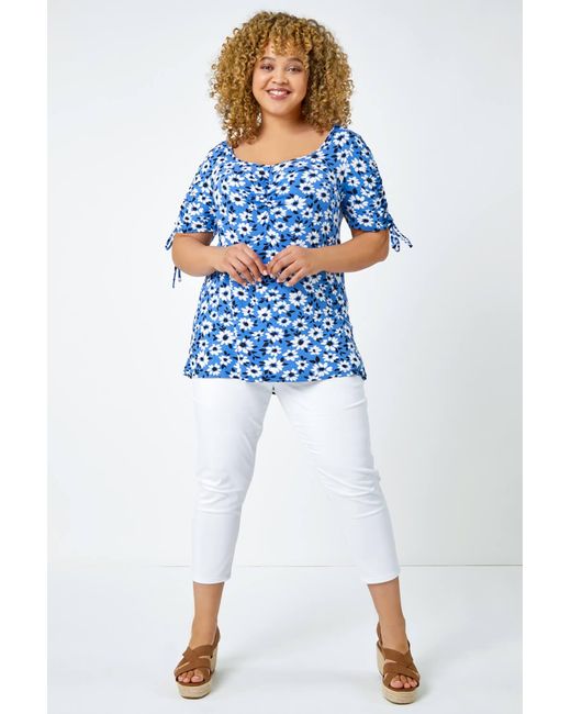 Roman Curve Blue Floral Print Ruched Tie Top