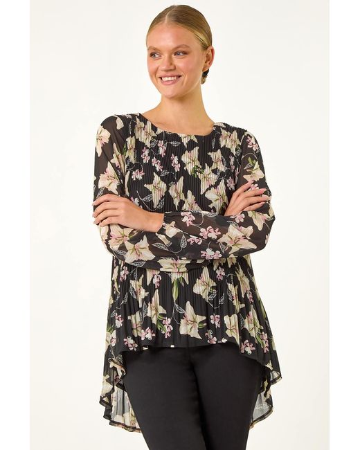 Roman Black Floral Print Pleated Top