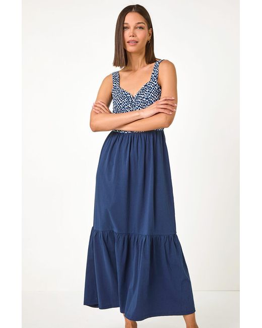 Roman Blue Abstract Cotton Tiered Midi Dress