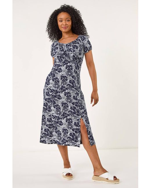 Roman Petite Blue Ditsy Floral Stretch Midi Dress
