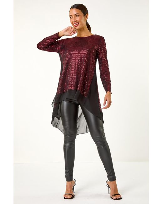 Roman Red Chiffon Hem Sequin Stretch Tunic Top