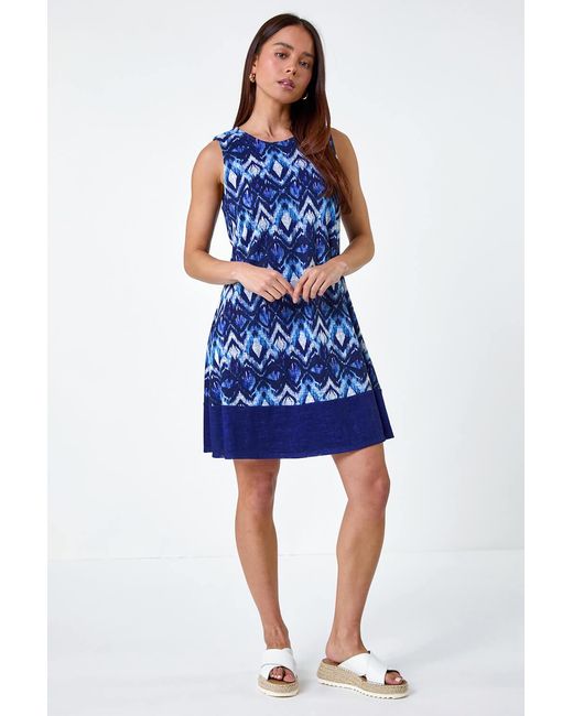 Roman Petite Blue Abstract Print Contrast Hem Dress