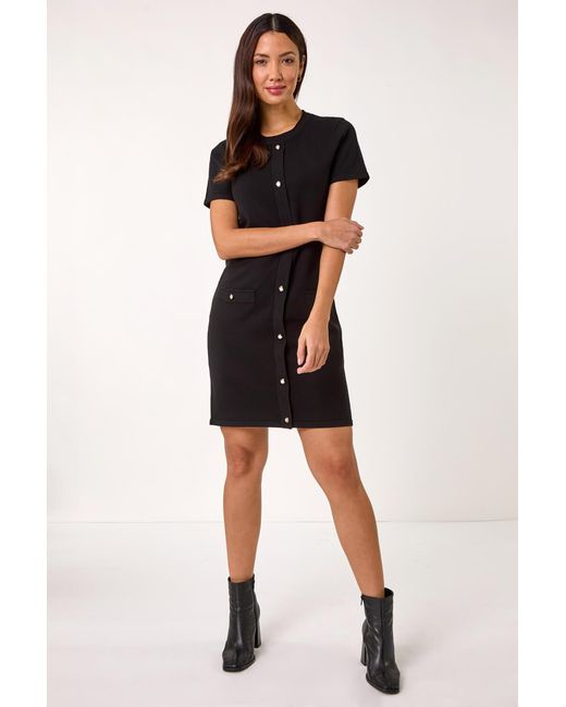 Roman Black Knitted Button Detail A-Line Dress
