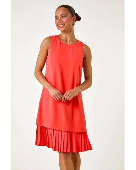 Roman Petite Red Sleeveless Pleated Hem Shift Dress