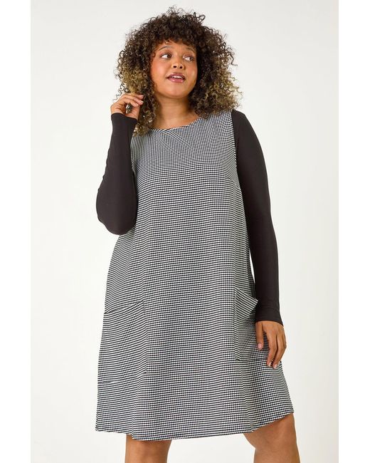 Roman Curve Gray Checkered Stretch Pocket Dress