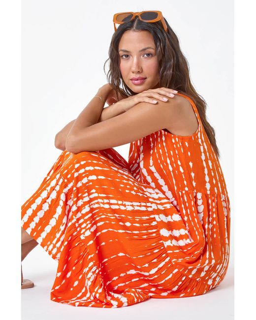 Roman Orange Tie Dye Print Sleeveless Smock Dress