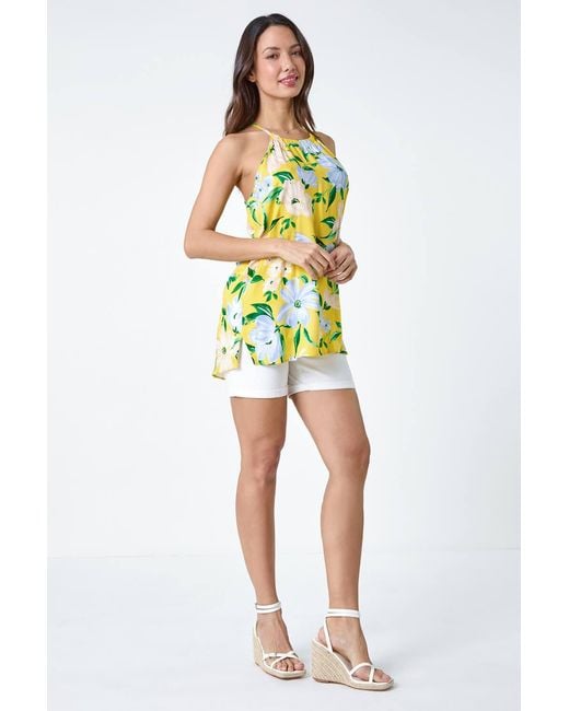 Roman Yellow Floral Print Halter Neck Top