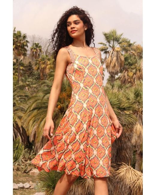 Roman Orange Sleeveless Geometric Print Swing Dress