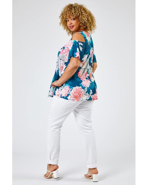 Roman Curve Blue Floral Print Cold Shoulder Jersey Top