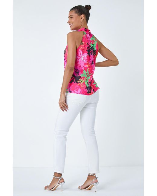 Roman Pink Floral High Neck Keyhole Detail Top