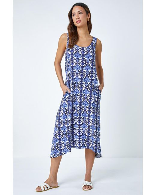 Roman Blue Sleeveless Aztec Print Midi Stretch Dress