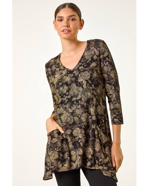 Roman Natural Stretch Floral Print Pocket Tunic