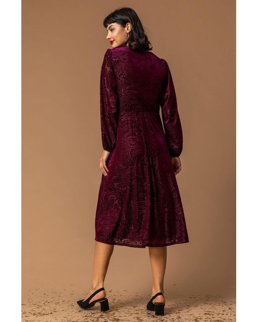 Roman Purple Baroque Print Burnout Dress