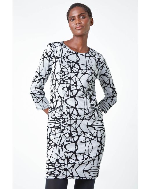 Roman White Linear Print Shift Dress