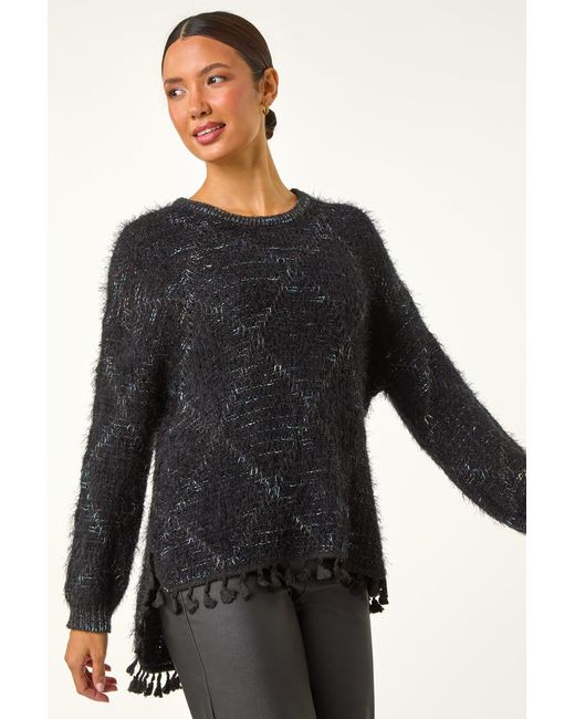 Roman Black Fluffy Fringe Hem Knit Jumper