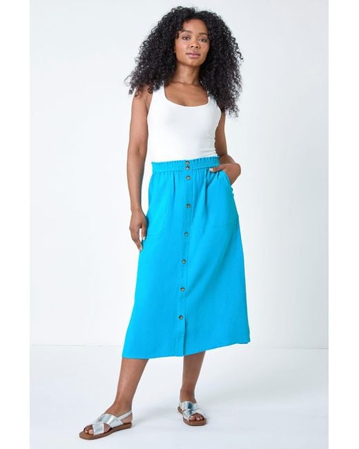 Roman Blue Petite Linen Blend Button Midi Skirt