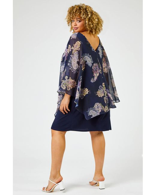 Roman Curve Blue Paisley Chiffon Overlay Asymmetric Dress