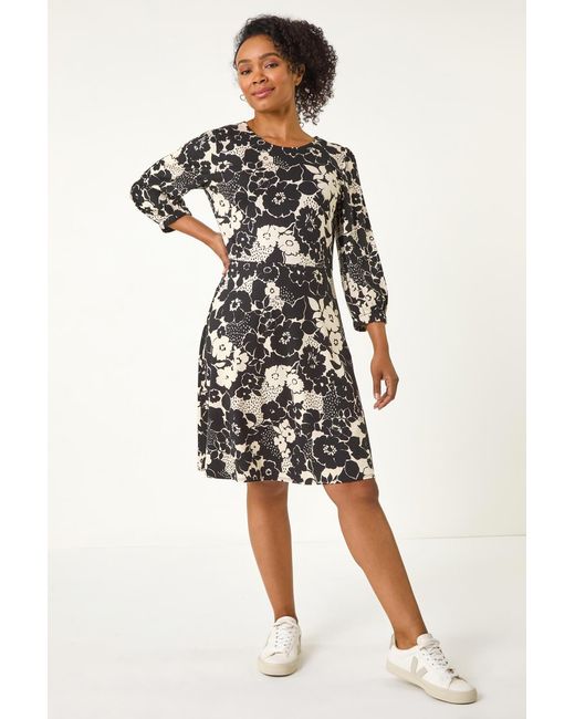 Roman Petite Black Floral Print Stretch Dress